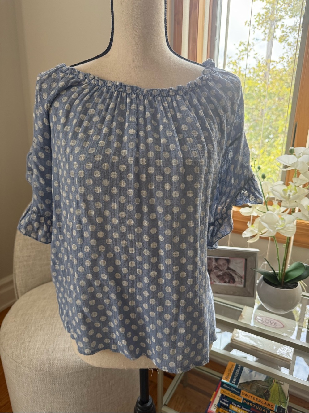 Polka Dot Off-Shoulder Women's Top - Blue